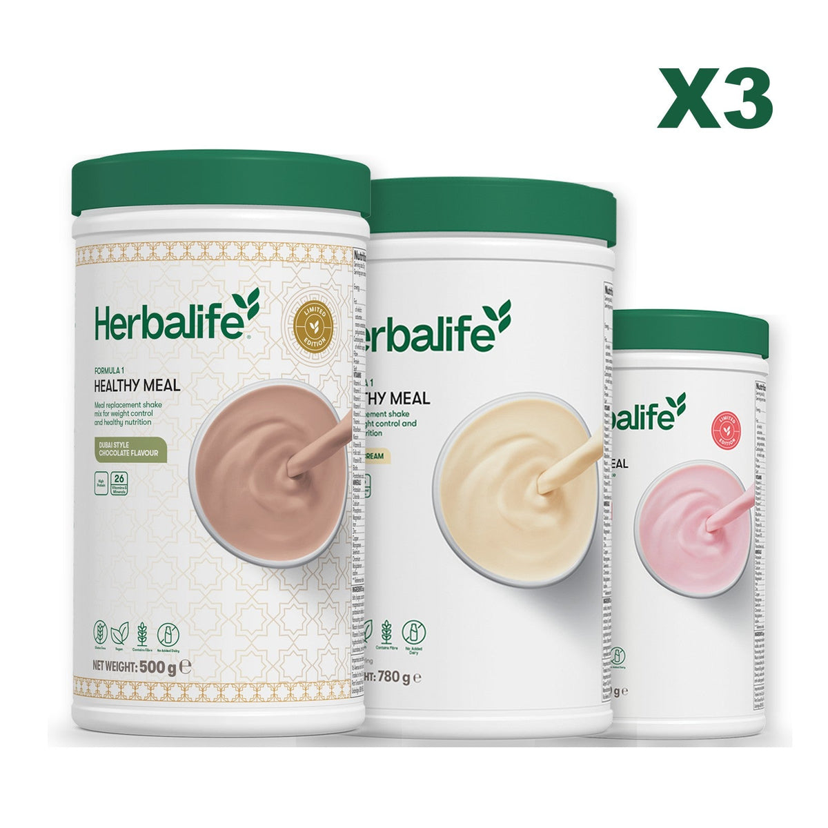 Formula 1 Dubai Style Chocolate meal shake tub shown with two further Formula 1 tubs, Vanilla (Large 780g) / Strawberry Watermelon