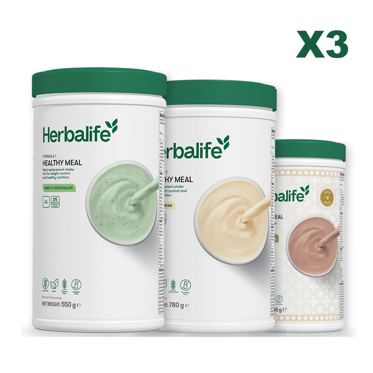 Three Formula 1 shake tubs led by Mint Chocolate, plus two flavours you choose, Vanilla (Large 780g) / Dubai Style Chocolate