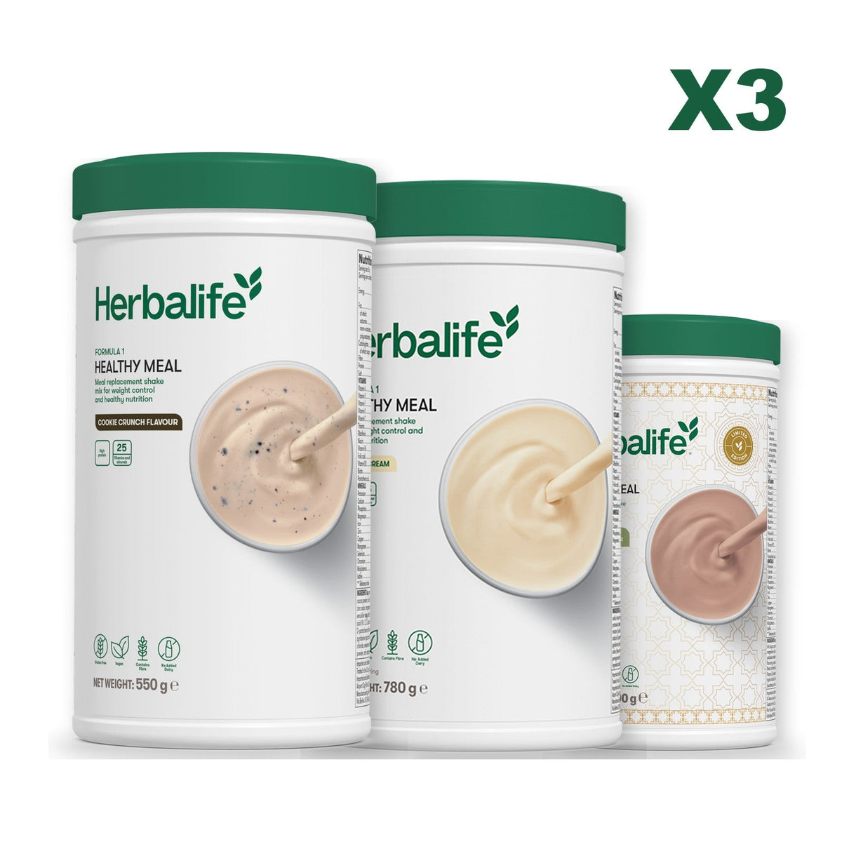Three Formula 1 shake tubs led by Cookie Crunch, plus two flavours you choose, Vanilla (Large 780g) / Dubai Style Chocolate