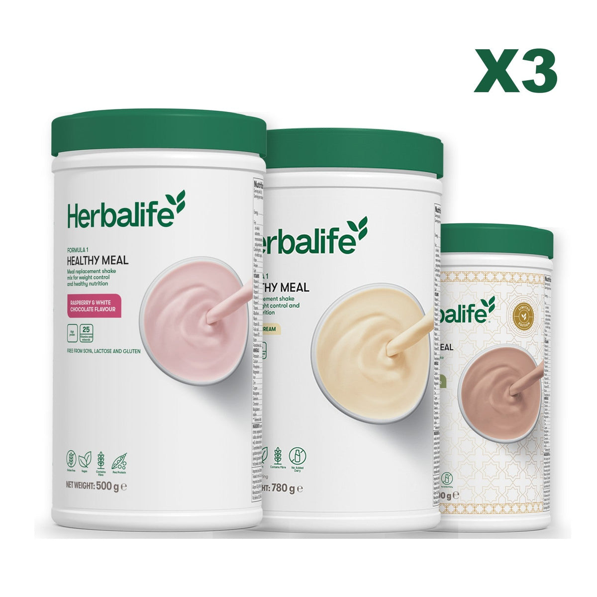 Three Formula 1 shake tubs led by Free From Raspberry and White Chocolate, plus two flavours you choose, Vanilla (Large 780g) / Dubai Style Chocolate