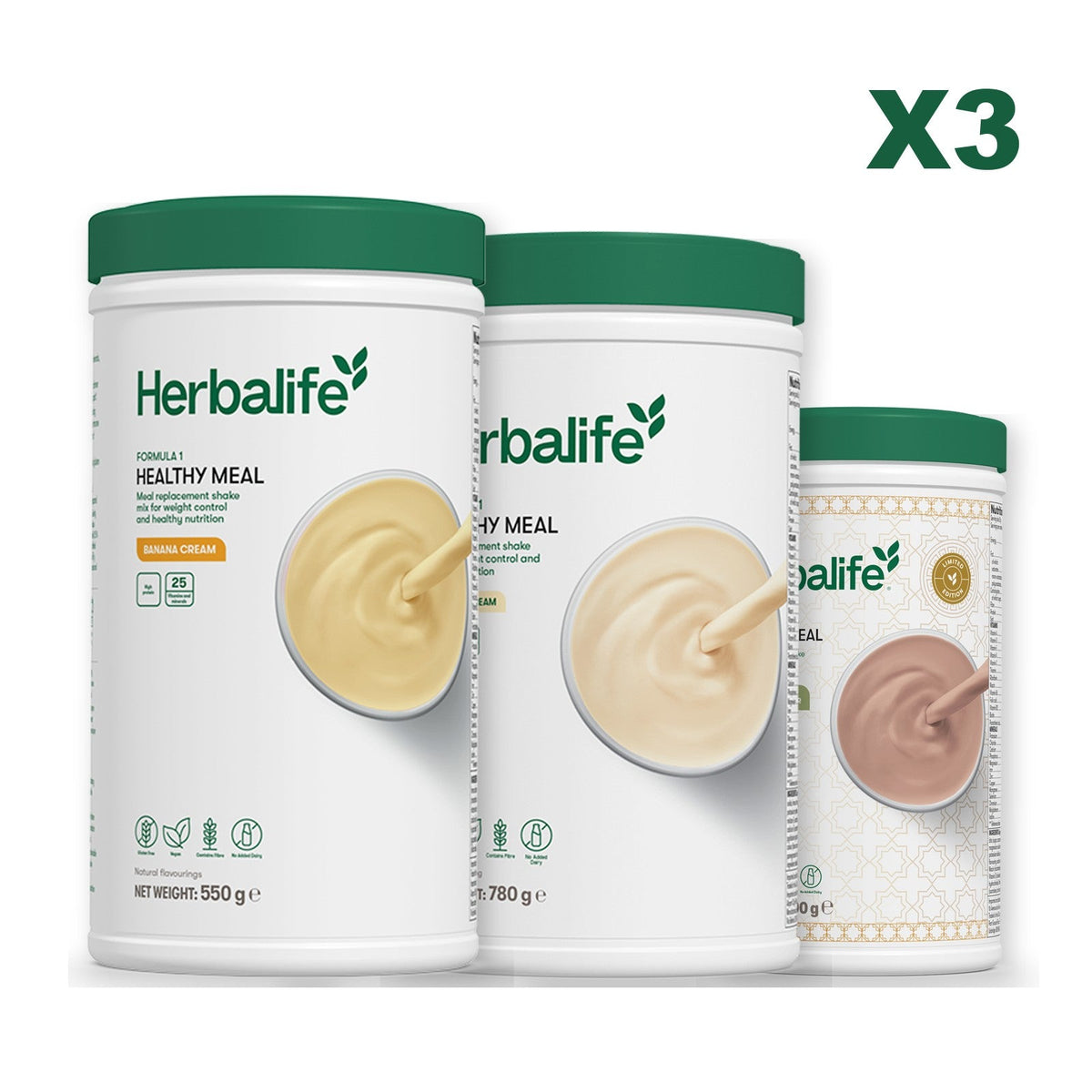Three Formula 1 shake tubs led by Banana Cream, plus two flavours you choose, Vanilla (Large 780g) / Dubai Style Chocolate