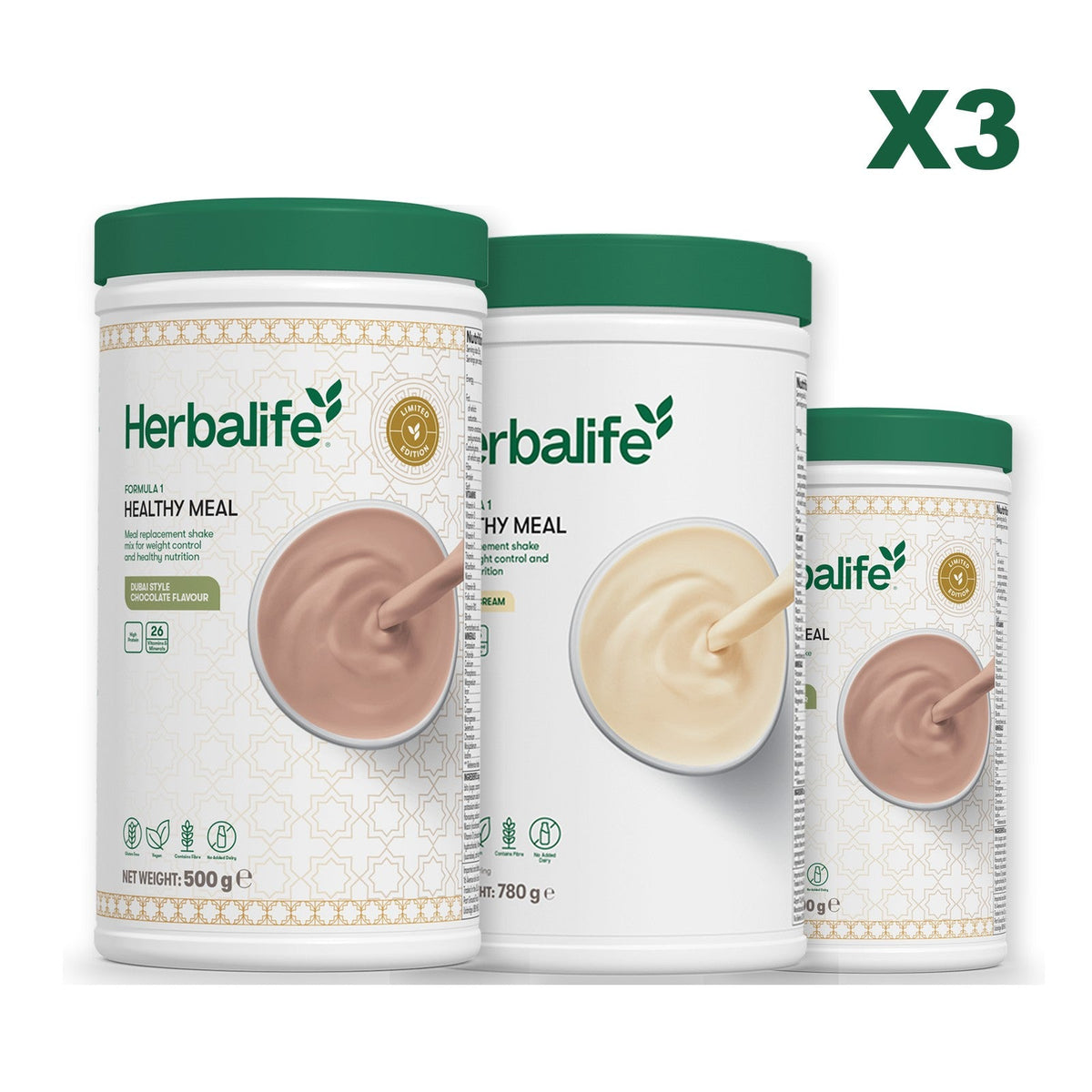 Formula 1 Dubai Style Chocolate meal shake tub shown with two further Formula 1 tubs, Vanilla (Large 780g) / Dubai Style Chocolate