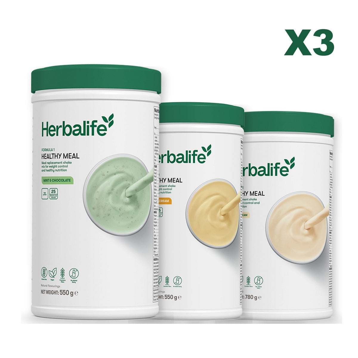 Three Formula 1 shake tubs led by Mint Chocolate, plus two flavours you choose, Banana Cream / Vanilla (Large 780g)