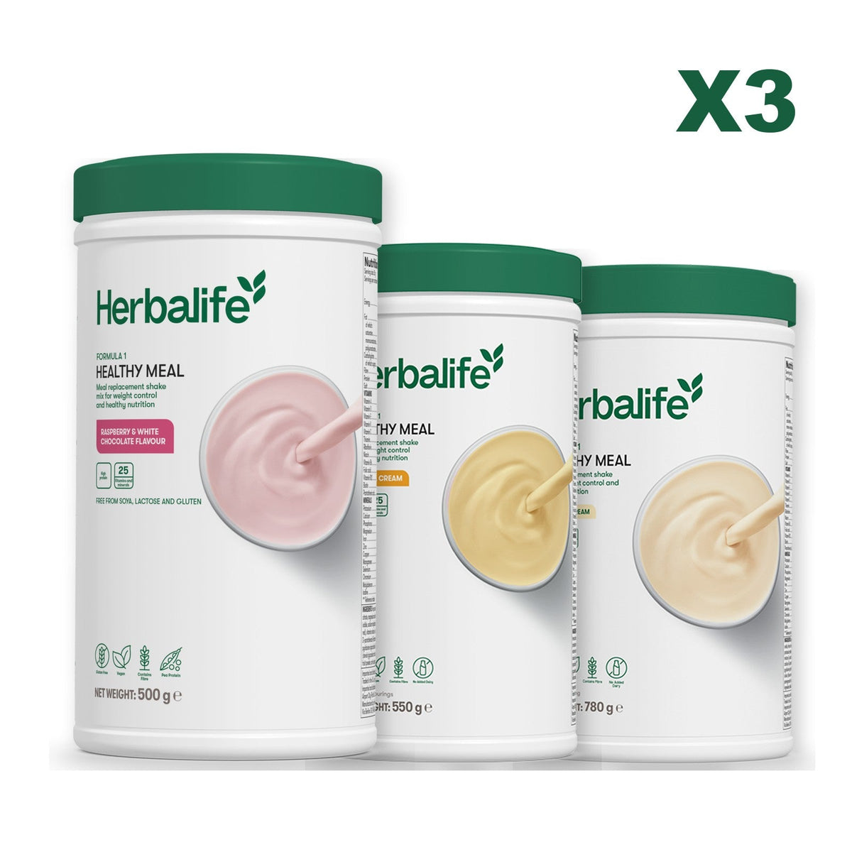 Three Formula 1 shake tubs led by Free From Raspberry and White Chocolate, plus two flavours you choose, Banana Cream / Vanilla (Large 780g)