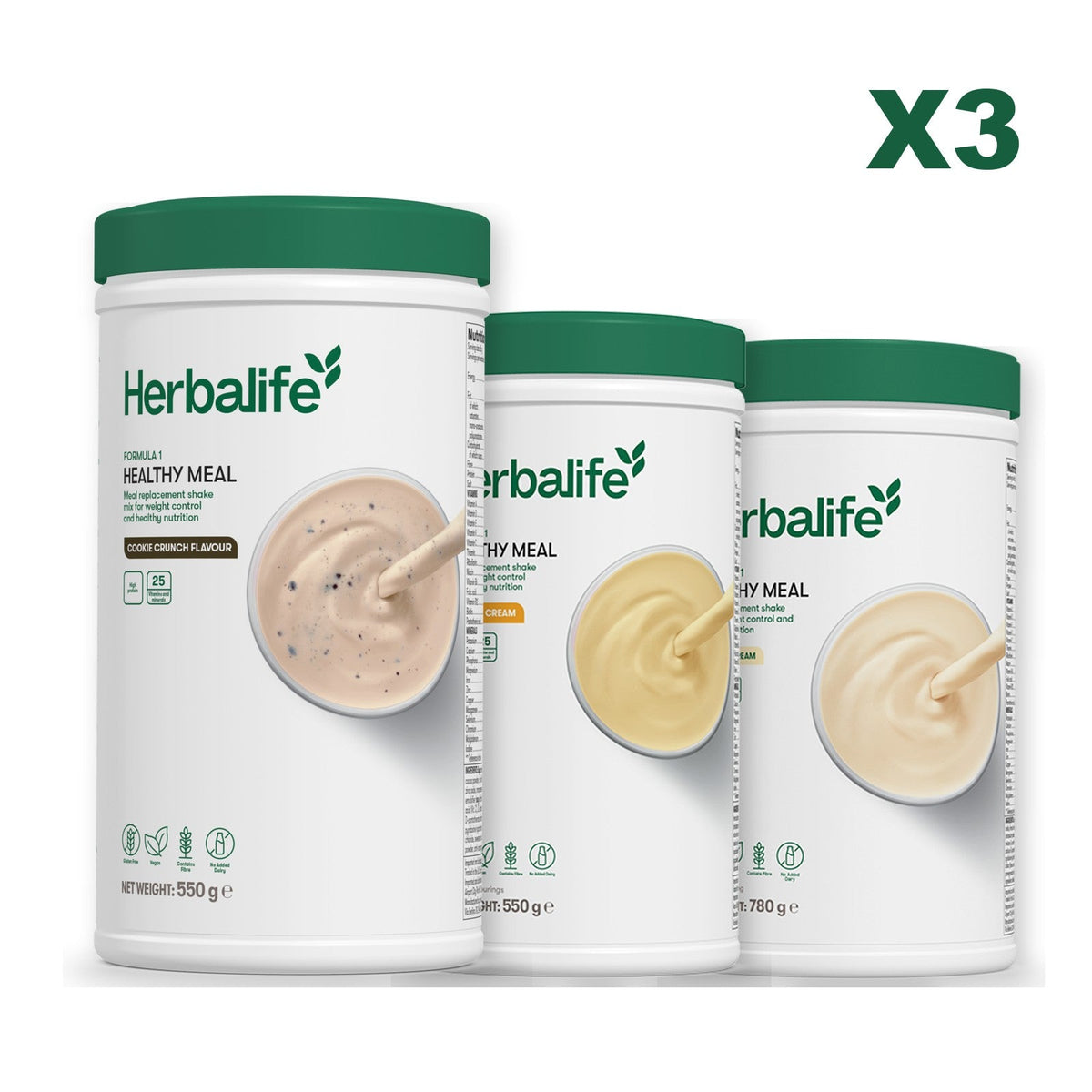 Three Formula 1 shake tubs led by Cookie Crunch, plus two flavours you choose, Banana Cream / Vanilla (Large 780g)