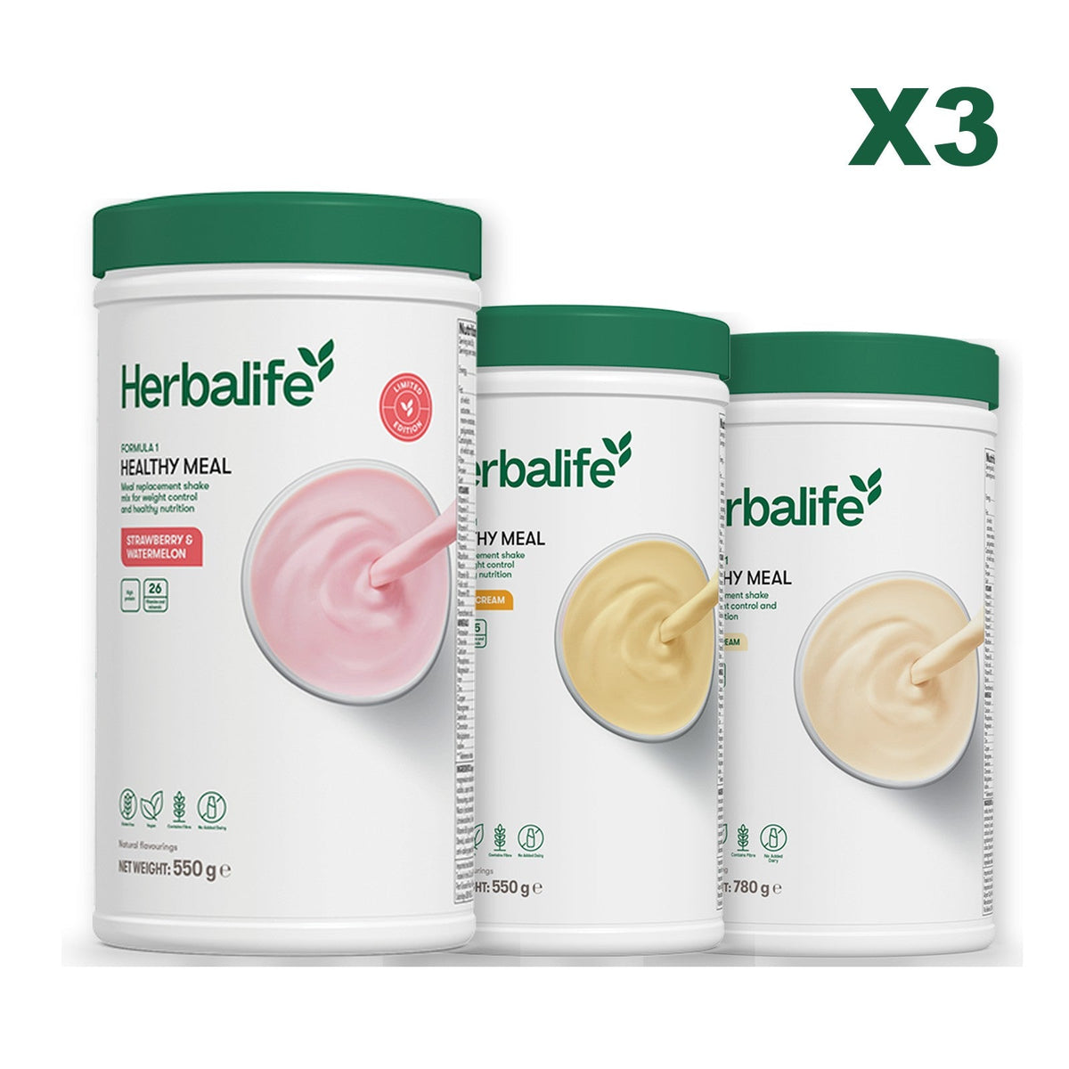 Formula 1 Strawberry Watermelon meal shake tub shown with two further Formula 1 tubs, Banana Cream / Vanilla (Large 780g)