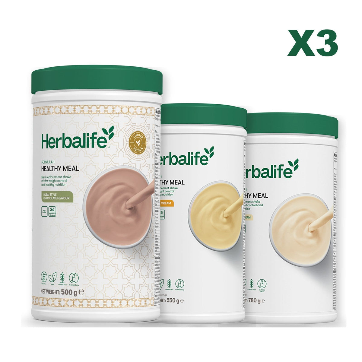 Formula 1 Dubai Style Chocolate meal shake tub shown with two further Formula 1 tubs, Banana Cream / Vanilla (Large 780g)
