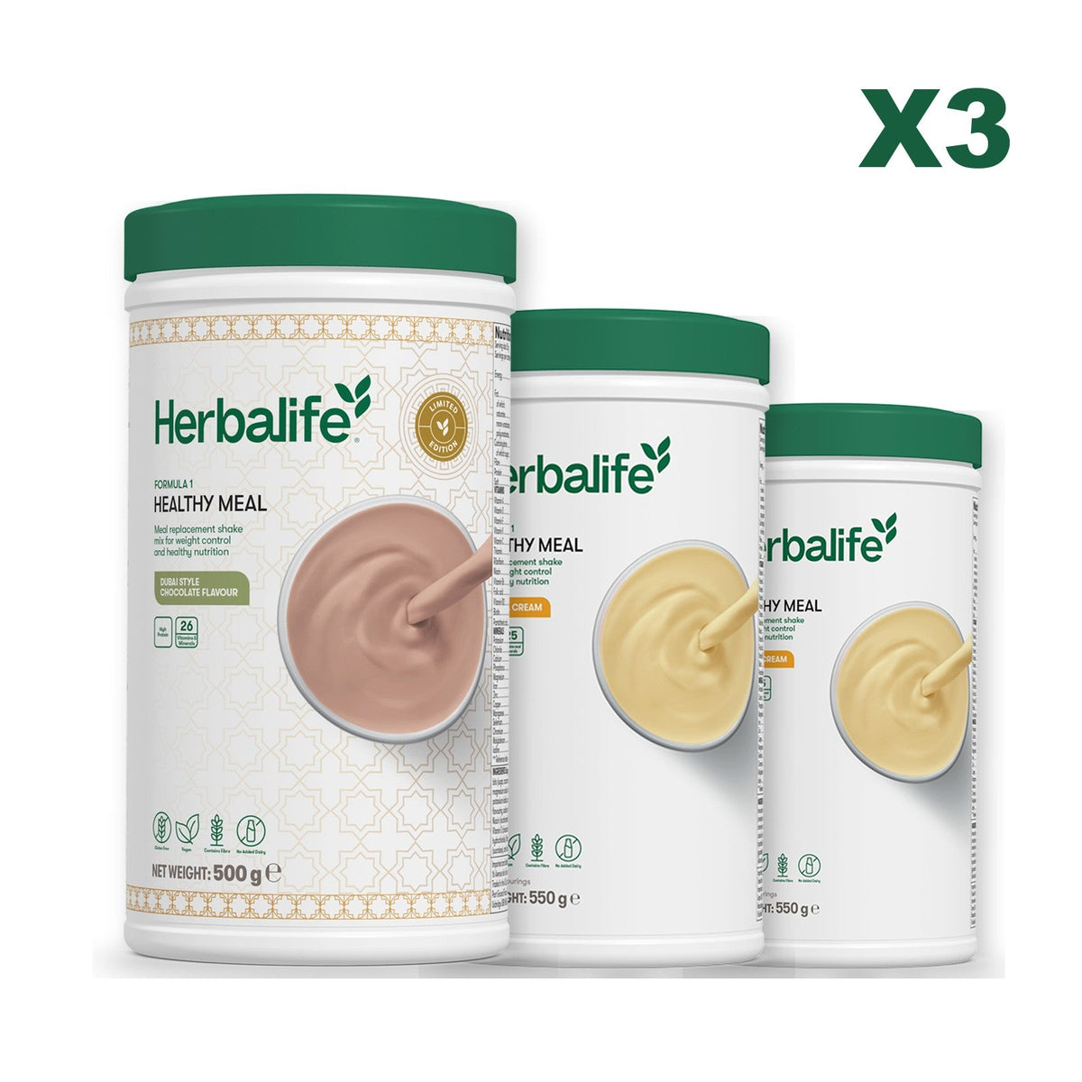 Formula 1 Dubai Style Chocolate meal shake tub shown with two further Formula 1 tubs, Banana Cream / Banana Cream