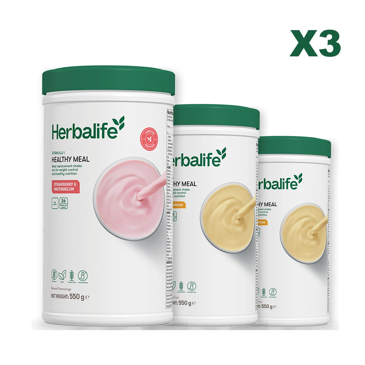 Formula 1 Strawberry Watermelon meal shake tub shown with two further Formula 1 tubs, Banana Cream / Banana Cream