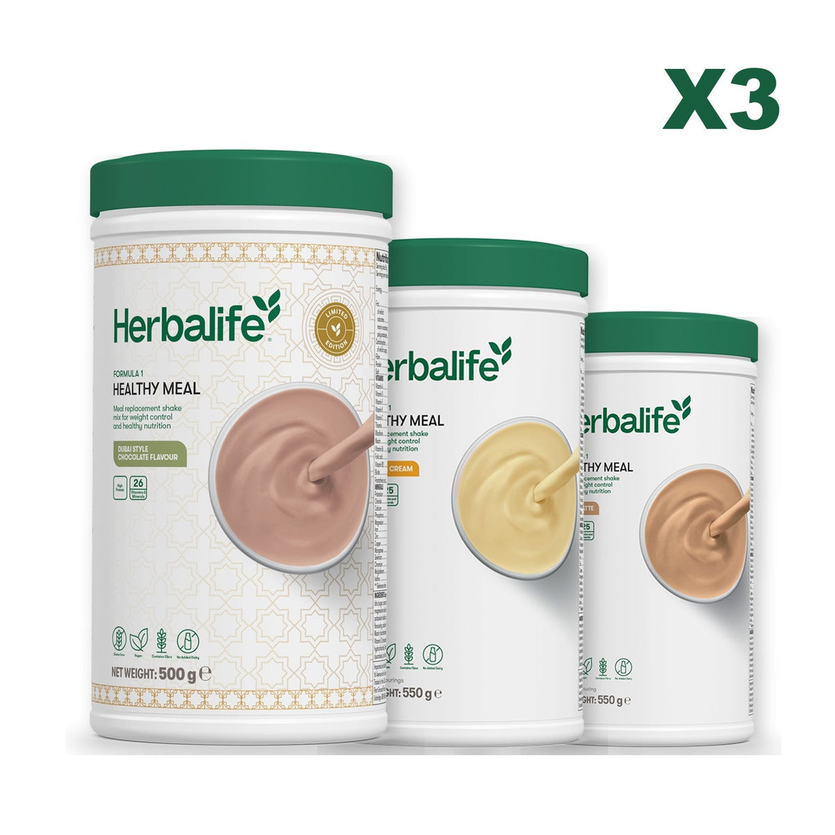 Formula 1 Dubai Style Chocolate meal shake tub shown with two further Formula 1 tubs, Banana Cream / Cafe Latte