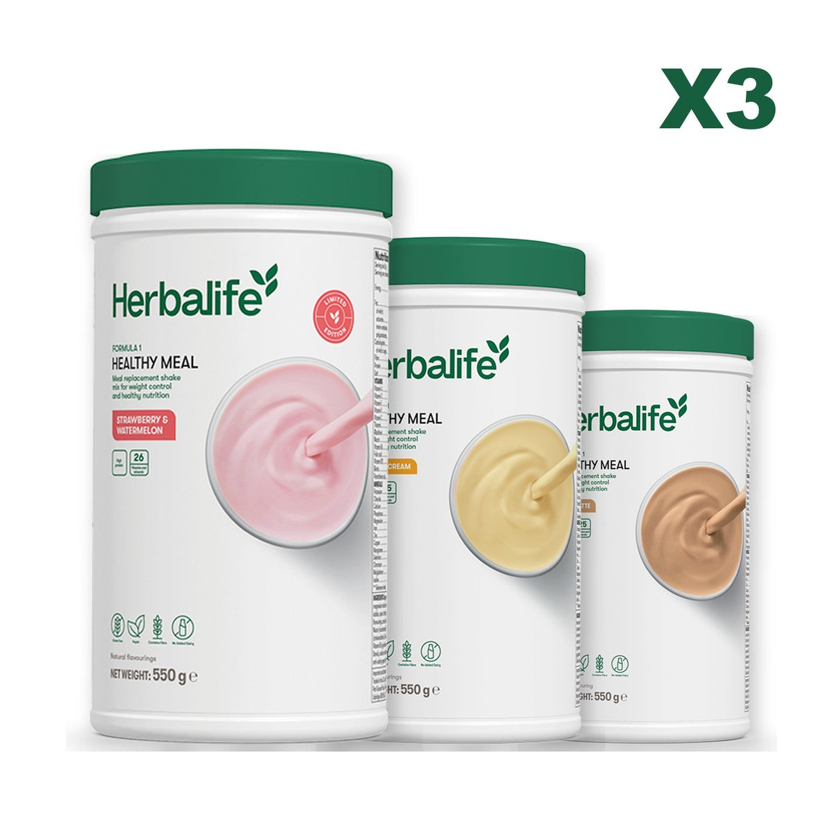 Formula 1 Strawberry Watermelon meal shake tub shown with two further Formula 1 tubs, Banana Cream / Cafe Latte