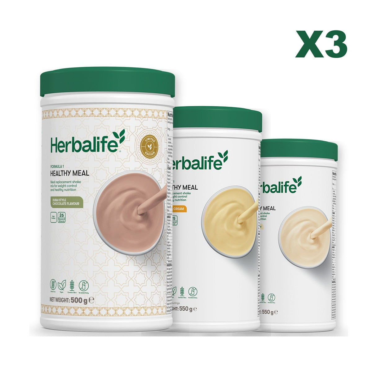 Formula 1 Dubai Style Chocolate meal shake tub shown with two further Formula 1 tubs, Banana Cream / Vanilla