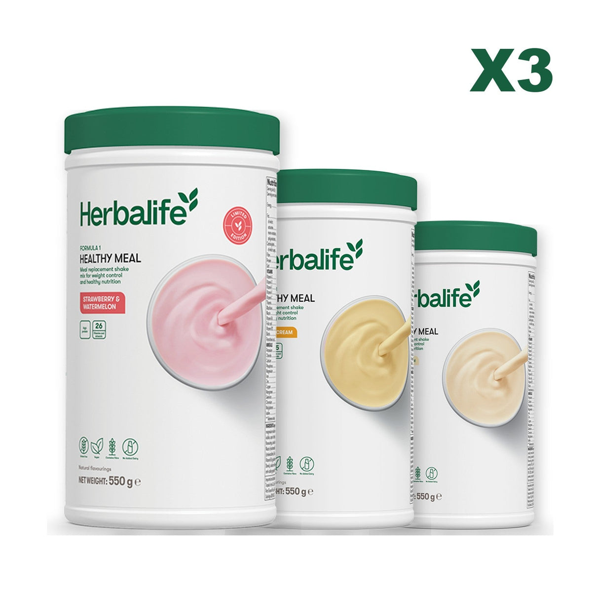 Formula 1 Strawberry Watermelon meal shake tub shown with two further Formula 1 tubs, Banana Cream / Vanilla