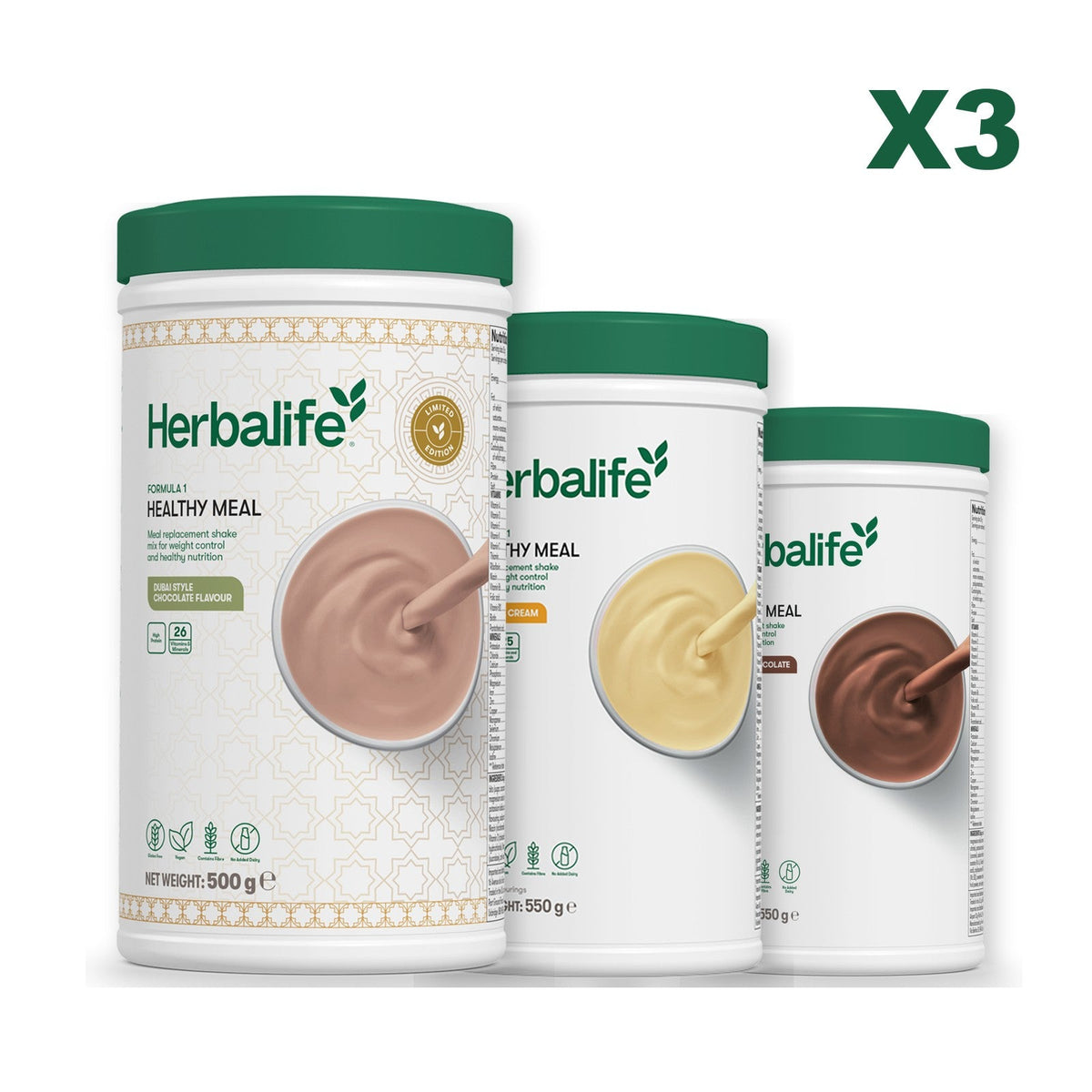 Formula 1 Dubai Style Chocolate meal shake tub shown with two further Formula 1 tubs, Banana Cream / Chocolate