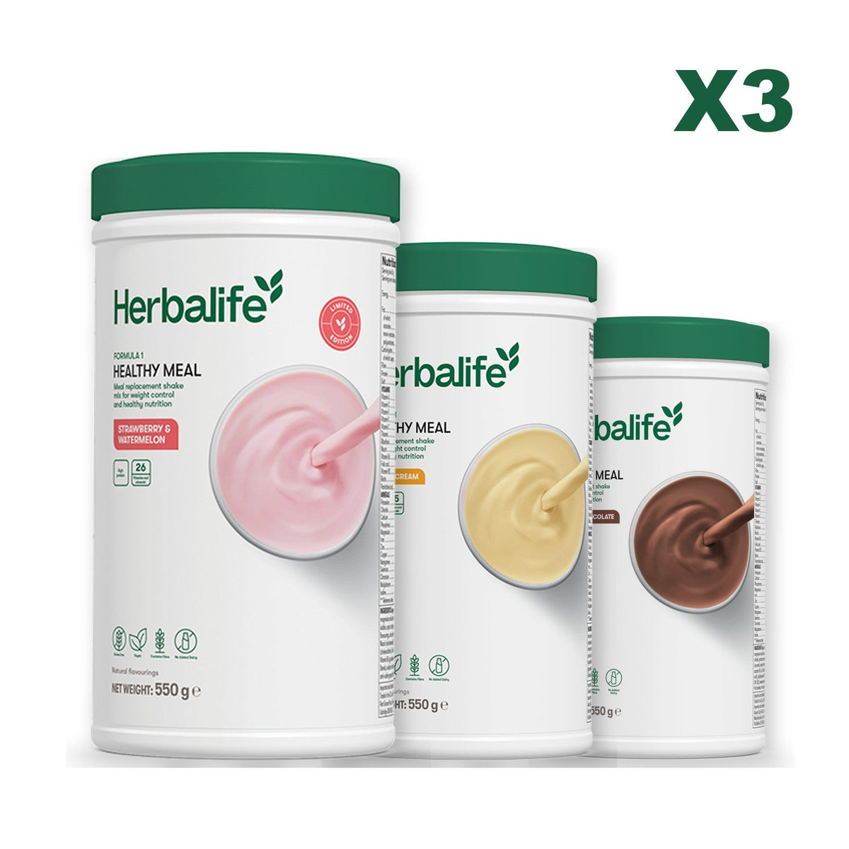 Formula 1 Strawberry Watermelon meal shake tub shown with two further Formula 1 tubs, Banana Cream / Chocolate