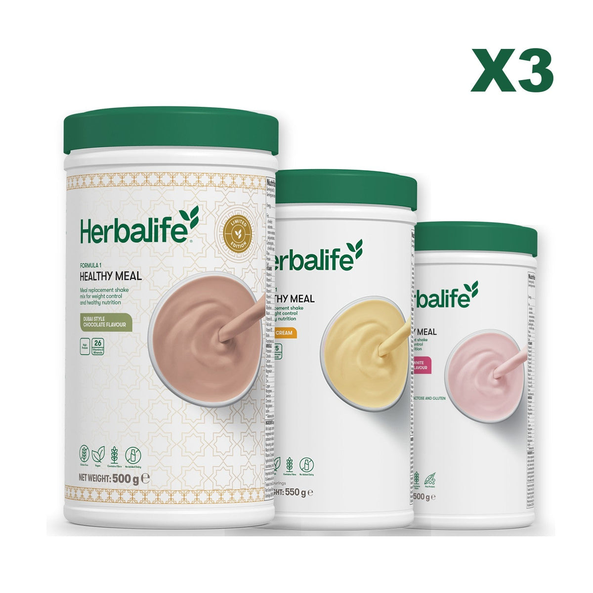 Formula 1 Dubai Style Chocolate meal shake tub shown with two further Formula 1 tubs, Banana Cream / Free From Raspberry & White Chocolate