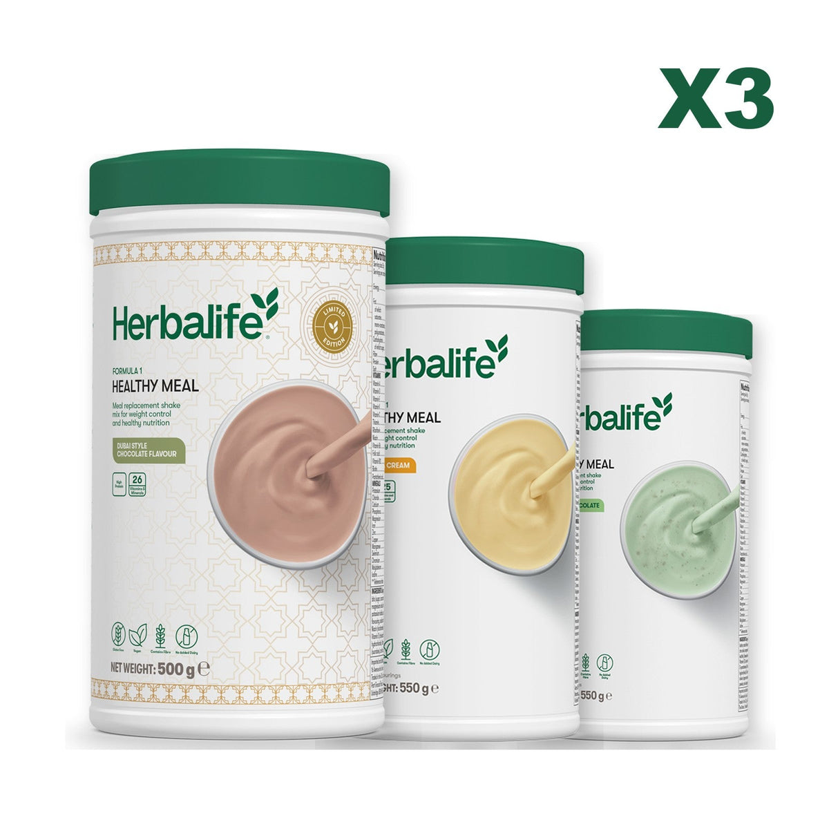Formula 1 Dubai Style Chocolate meal shake tub shown with two further Formula 1 tubs, Banana Cream / Mint Chocolate
