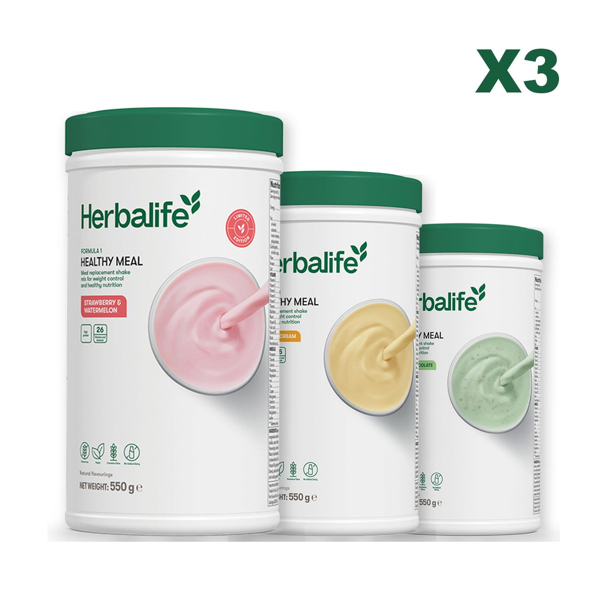 Formula 1 Strawberry Watermelon meal shake tub shown with two further Formula 1 tubs, Banana Cream / Mint Chocolate
