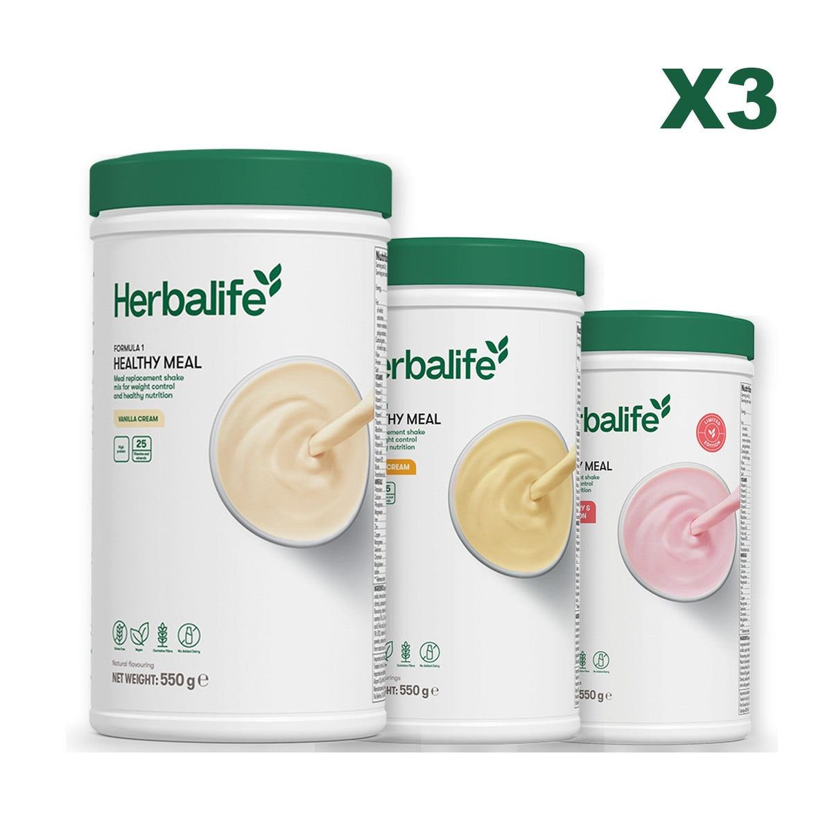 Three Formula 1 shake tubs led by Vanilla Cream, plus two flavours you choose, Banana Cream / Strawberry Watermelon