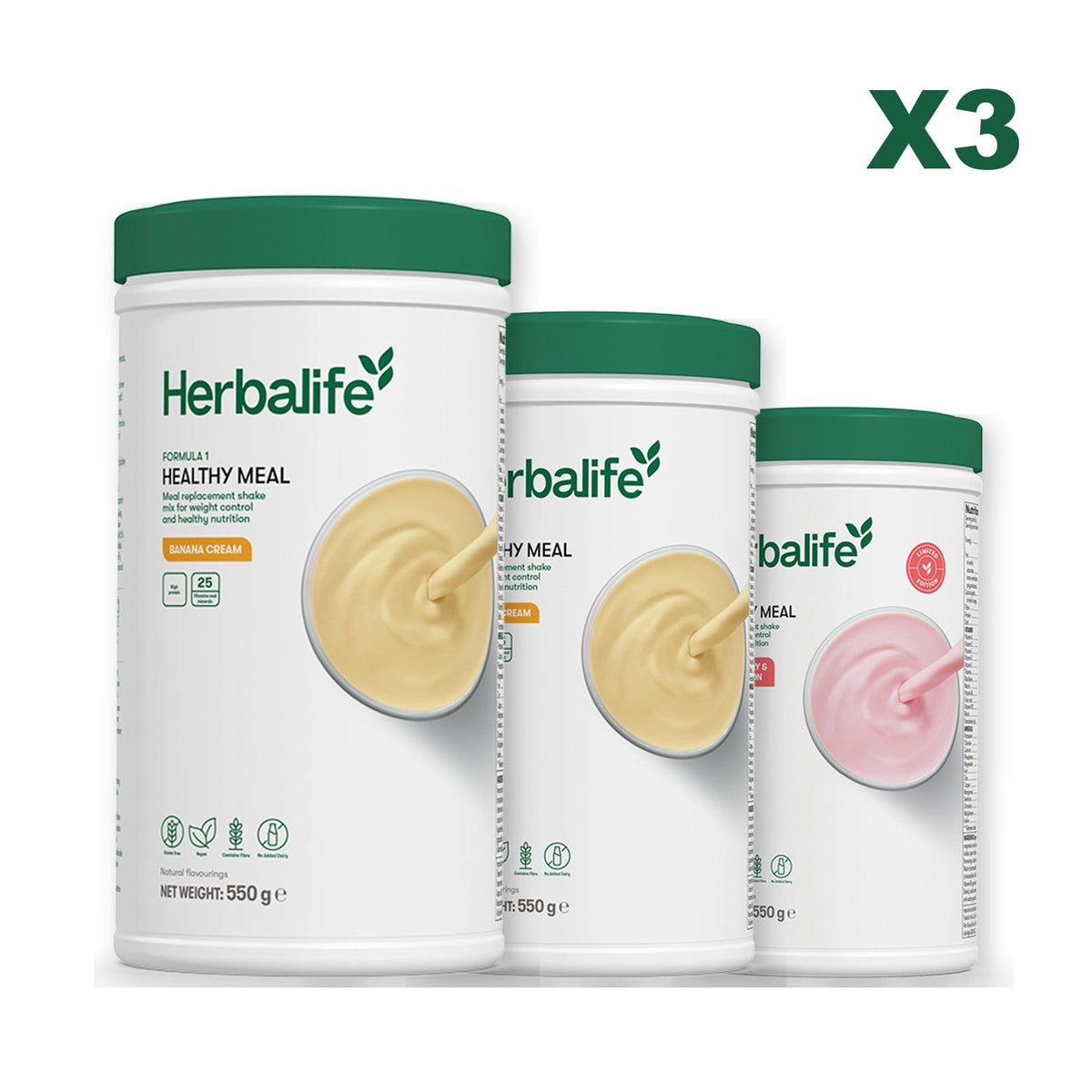 Three Formula 1 shake tubs led by Banana Cream, plus two flavours you choose, Banana Cream / Strawberry Watermelon