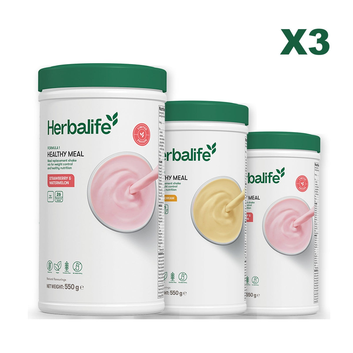 Formula 1 Strawberry Watermelon meal shake tub shown with two further Formula 1 tubs, Banana Cream / Strawberry Watermelon