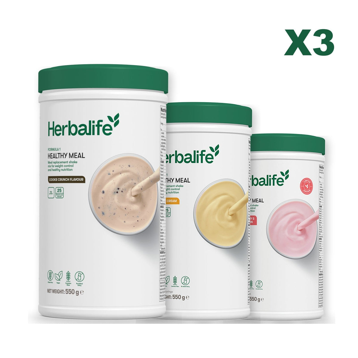 Three Formula 1 shake tubs led by Cookie Crunch, plus two flavours you choose, Banana Cream / Strawberry Watermelon