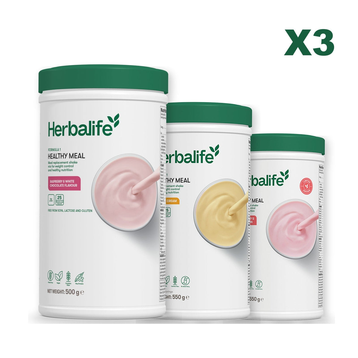 Three Formula 1 shake tubs led by Free From Raspberry and White Chocolate, plus two flavours you choose, Banana Cream / Strawberry Watermelon