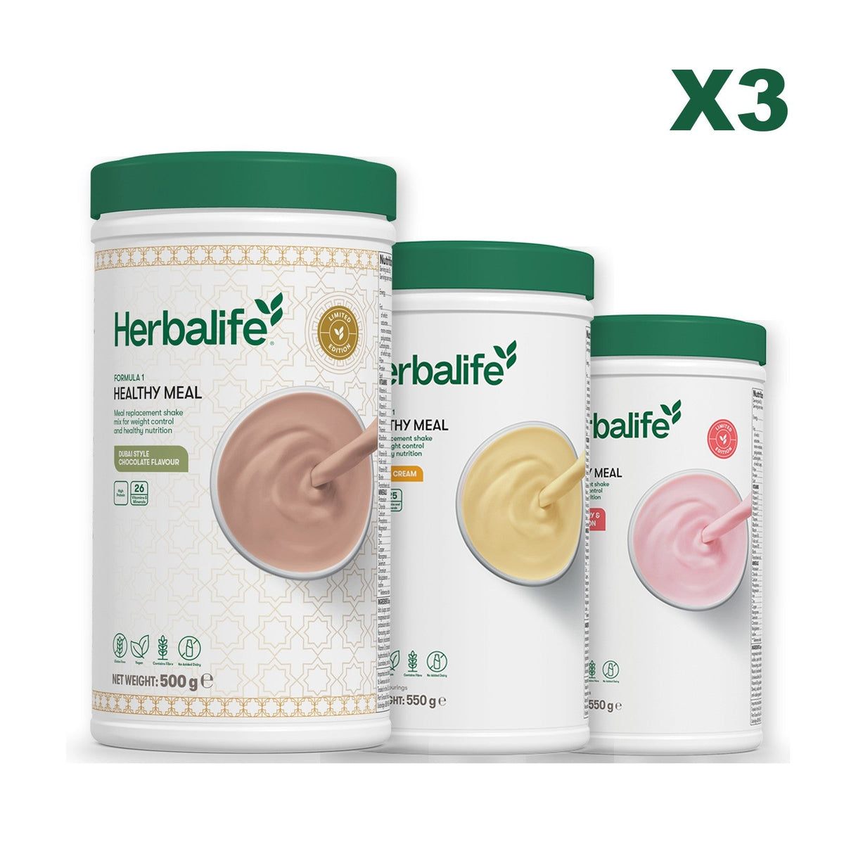 Formula 1 Dubai Style Chocolate meal shake tub shown with two further Formula 1 tubs, Banana Cream / Strawberry Watermelon