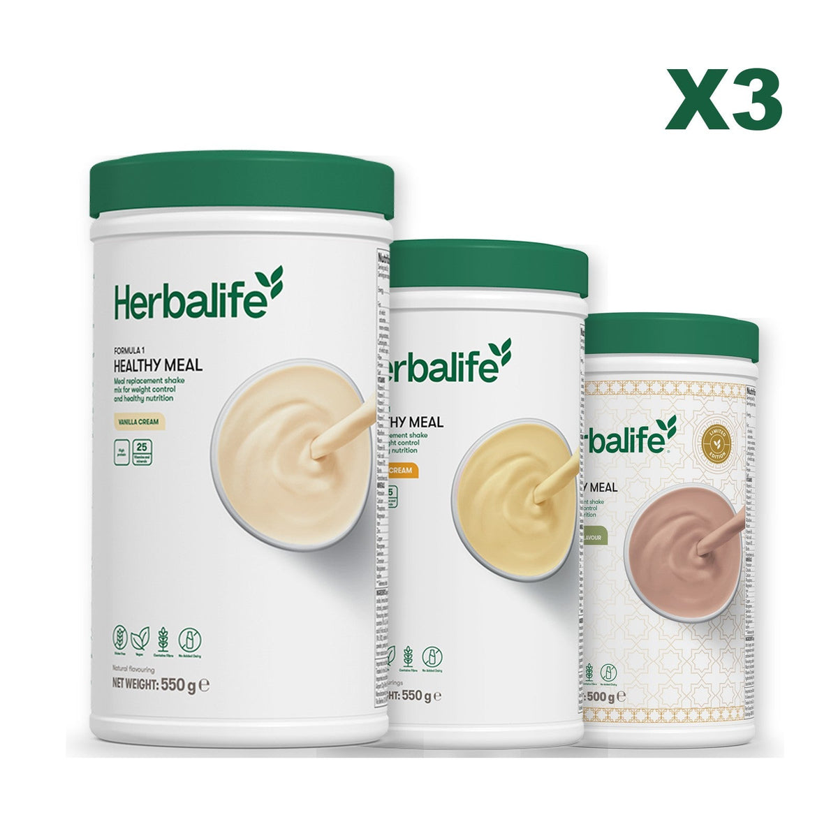 Three Formula 1 shake tubs led by Vanilla Cream, plus two flavours you choose, Banana Cream / Dubai Style Chocolate