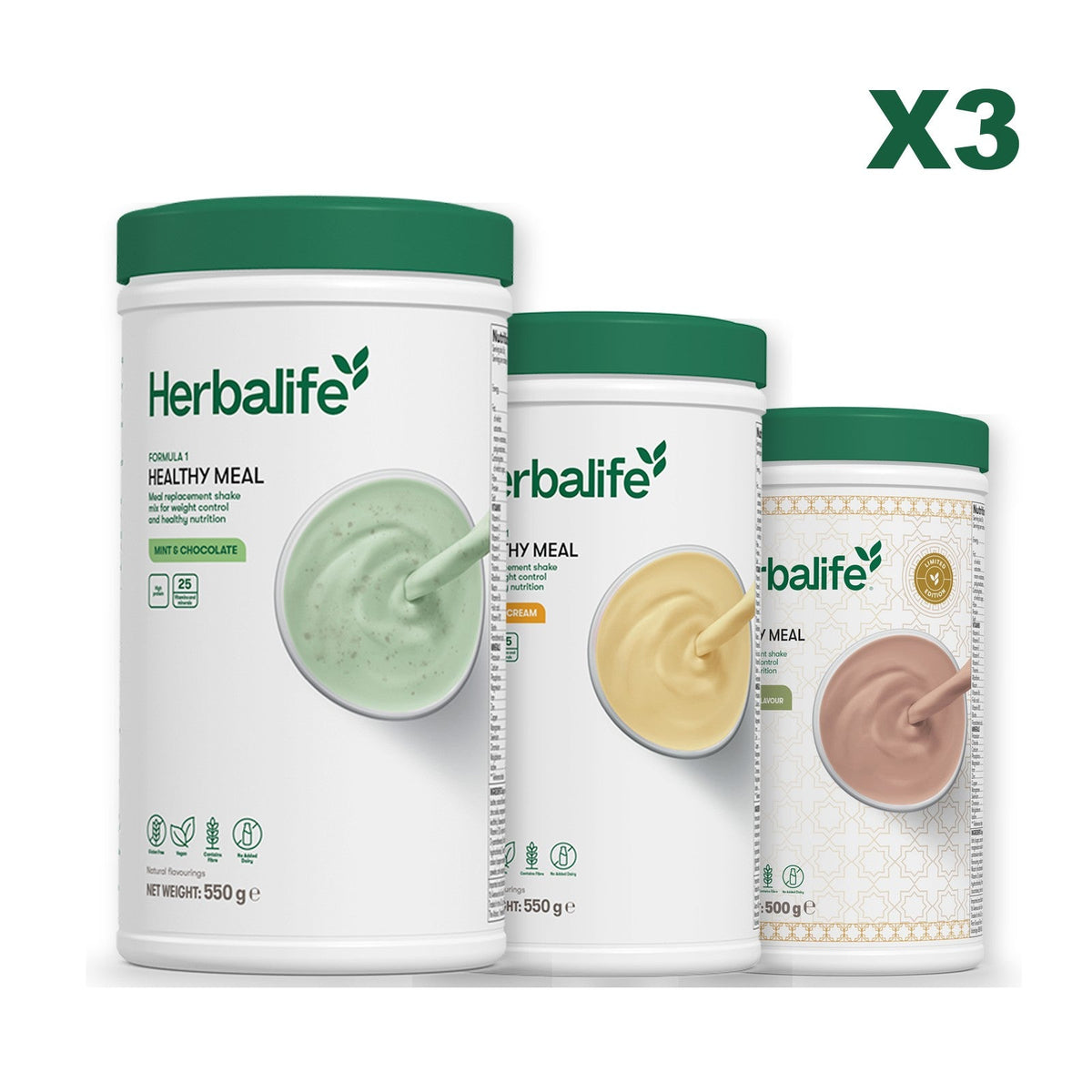 Three Formula 1 shake tubs led by Mint Chocolate, plus two flavours you choose, Banana Cream / Dubai Style Chocolate