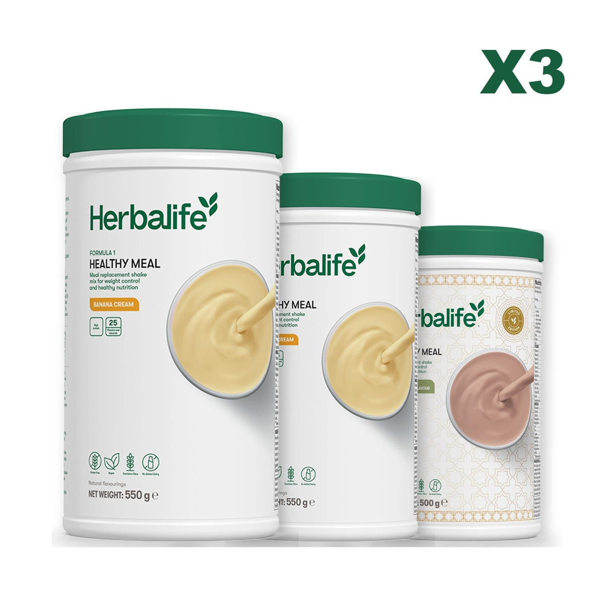Three Formula 1 shake tubs led by Banana Cream, plus two flavours you choose, Banana Cream / Dubai Style Chocolate