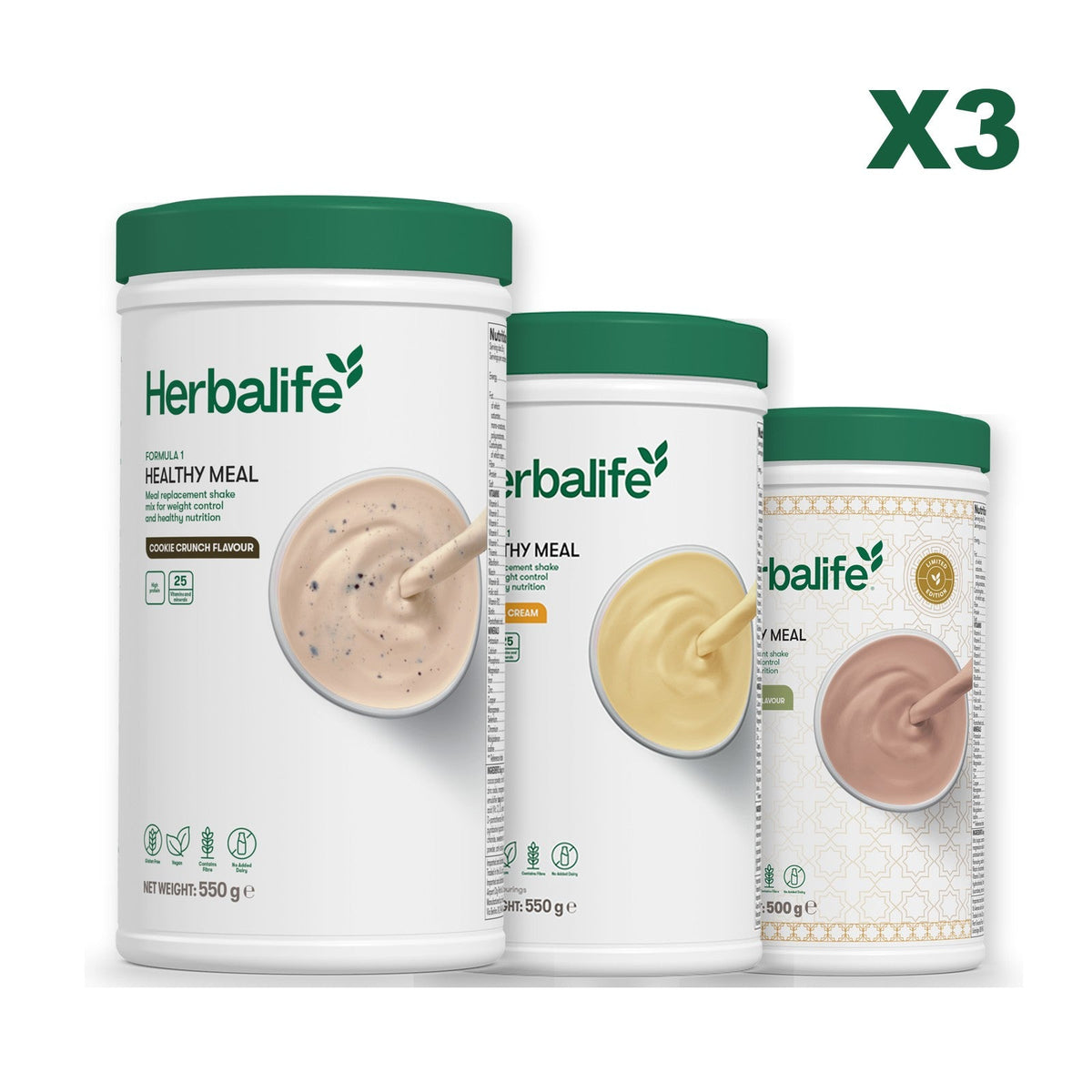 Three Formula 1 shake tubs led by Cookie Crunch, plus two flavours you choose, Banana Cream / Dubai Style Chocolate