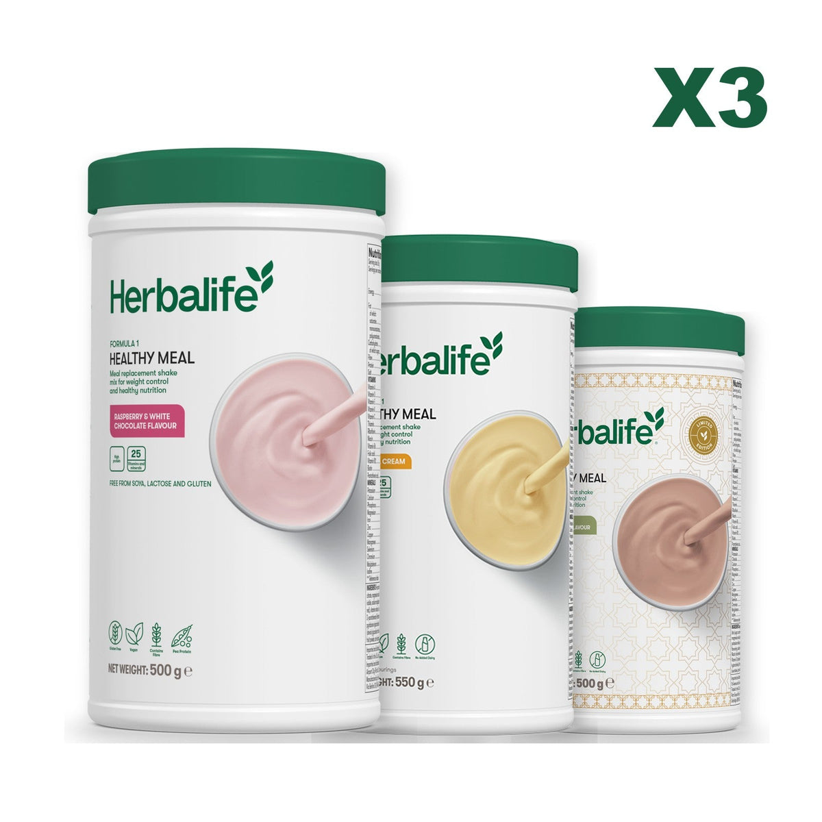 Three Formula 1 shake tubs led by Free From Raspberry and White Chocolate, plus two flavours you choose, Banana Cream / Dubai Style Chocolate