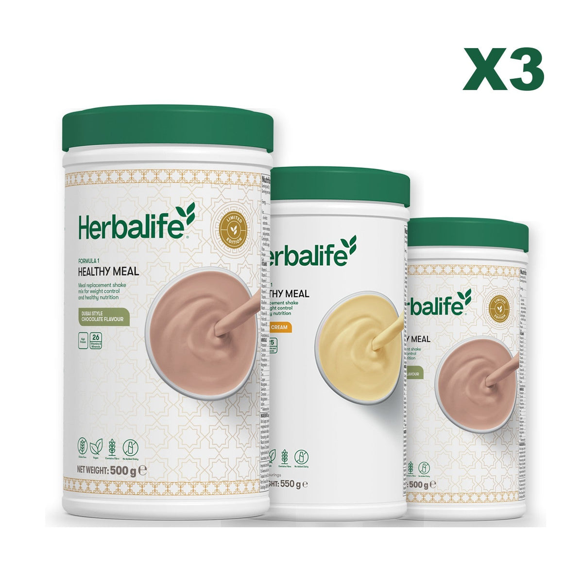 Formula 1 Dubai Style Chocolate meal shake tub shown with two further Formula 1 tubs, Banana Cream / Dubai Style Chocolate