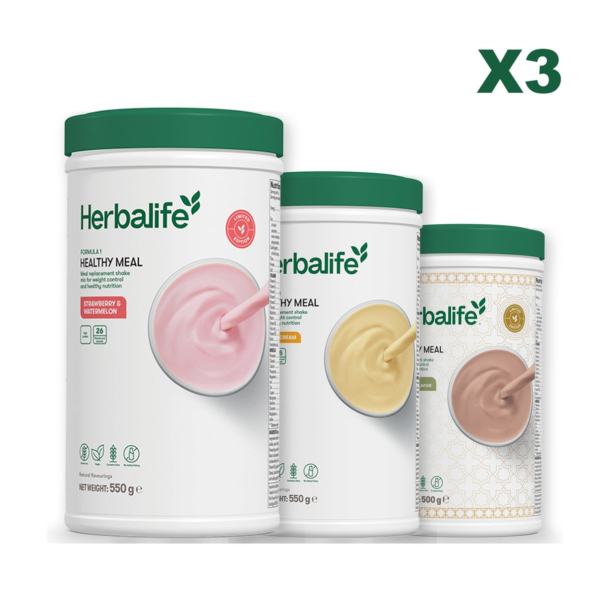 Formula 1 Strawberry Watermelon meal shake tub shown with two further Formula 1 tubs, Banana Cream / Dubai Style Chocolate