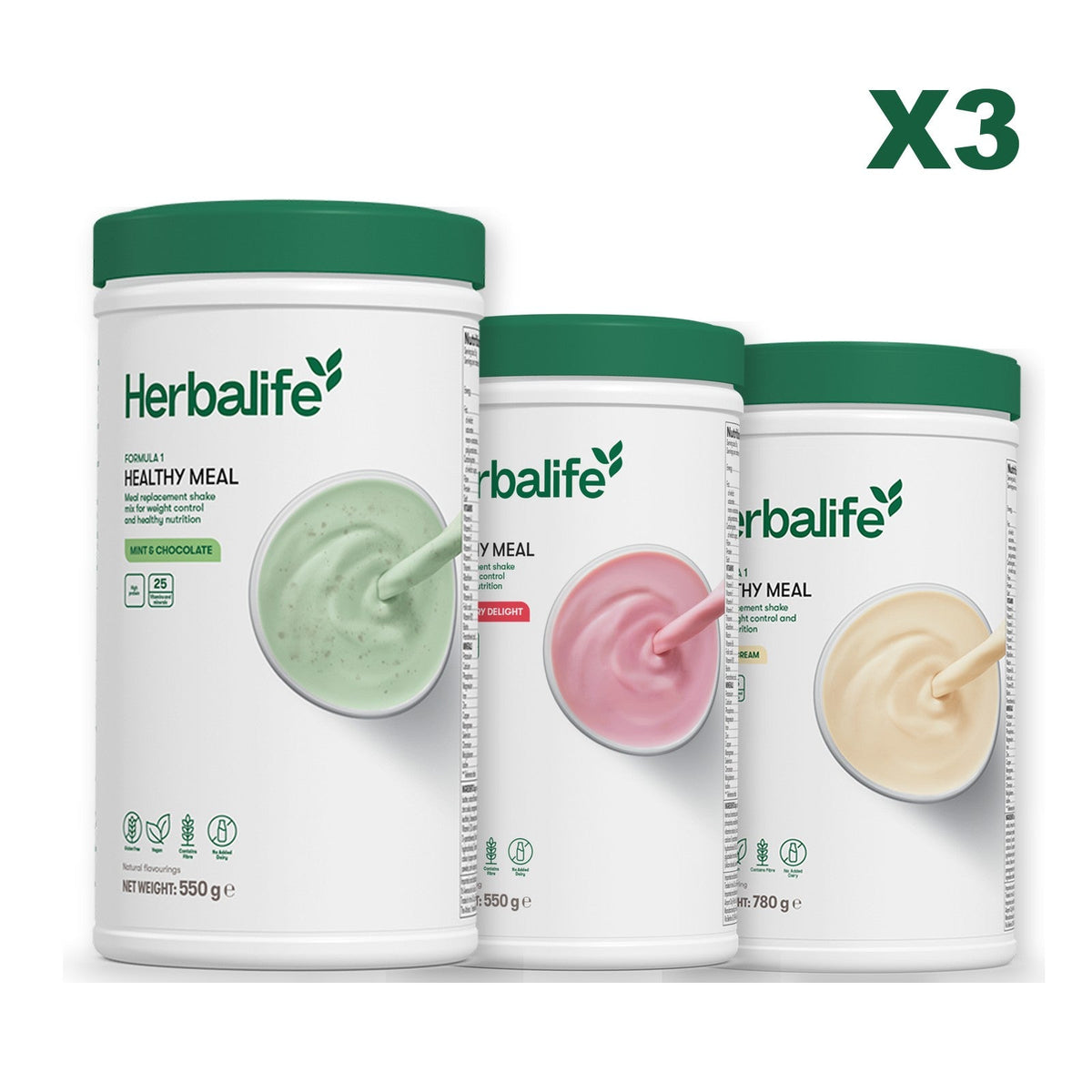 Three Formula 1 shake tubs led by Mint Chocolate, plus two flavours you choose, Strawberry / Vanilla (Large 780g)