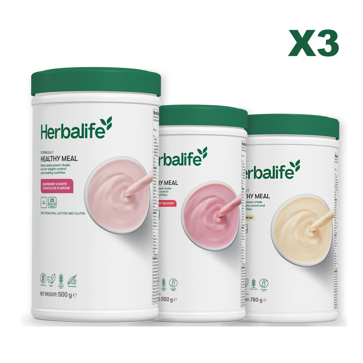 Three Formula 1 shake tubs led by Free From Raspberry and White Chocolate, plus two flavours you choose, Strawberry / Vanilla (Large 780g)