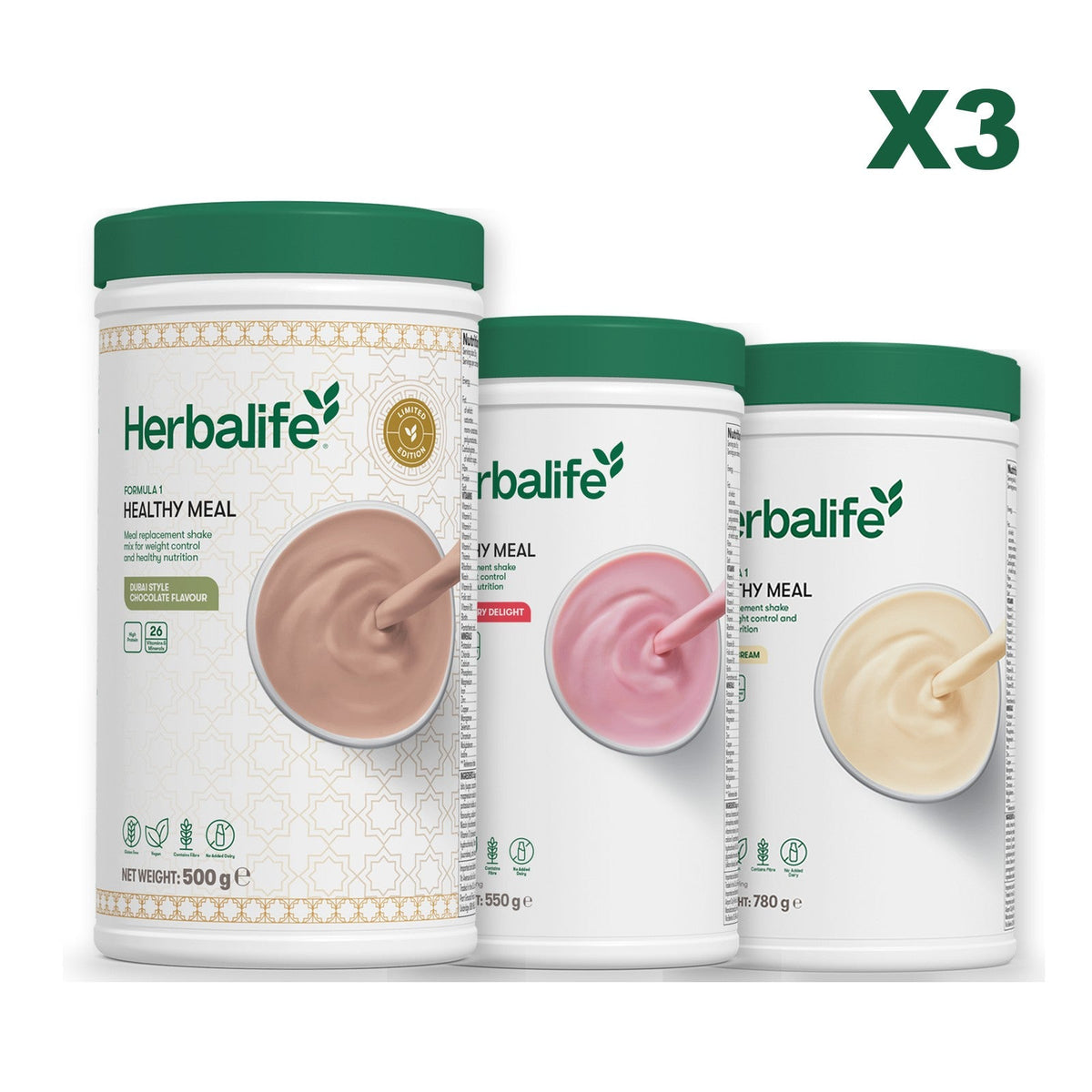 Formula 1 Dubai Style Chocolate meal shake tub shown with two further Formula 1 tubs, Strawberry / Vanilla (Large 780g)
