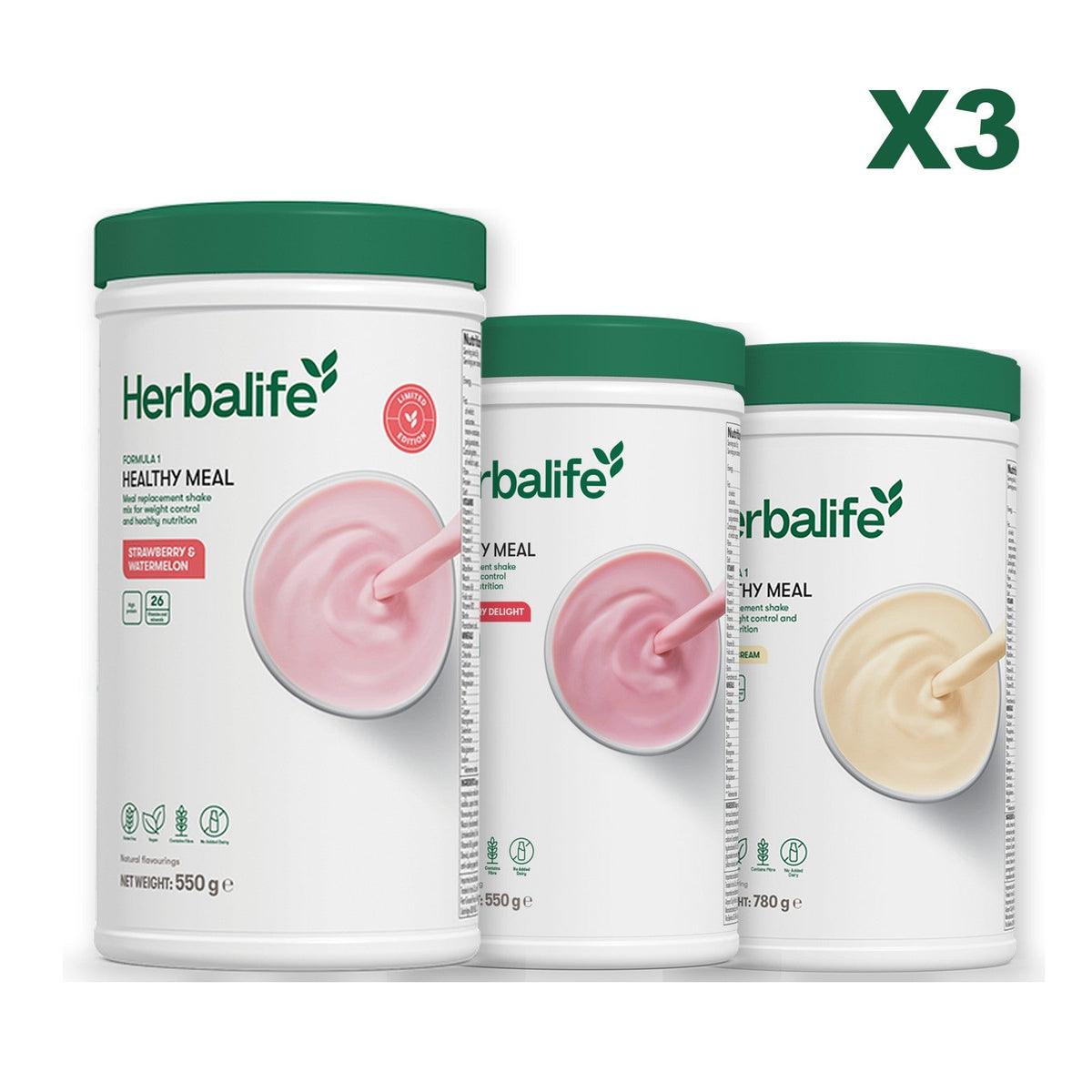 Formula 1 Strawberry Watermelon meal shake tub shown with two further Formula 1 tubs, Strawberry / Vanilla (Large 780g)