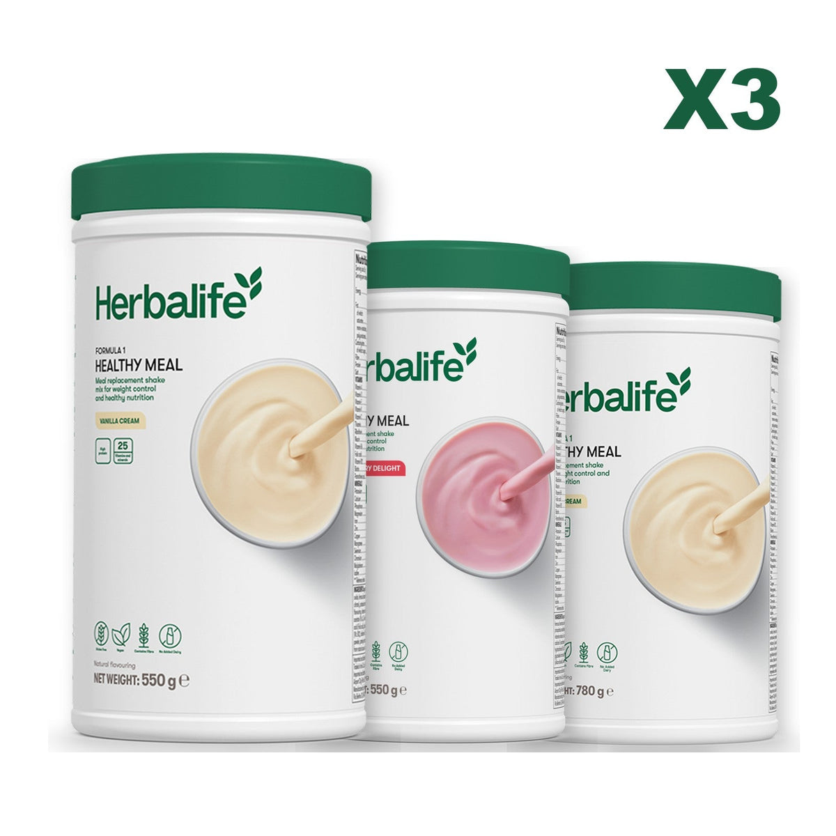 Three Formula 1 shake tubs led by Vanilla Cream, plus two flavours you choose, Strawberry / Vanilla (Large 780g)