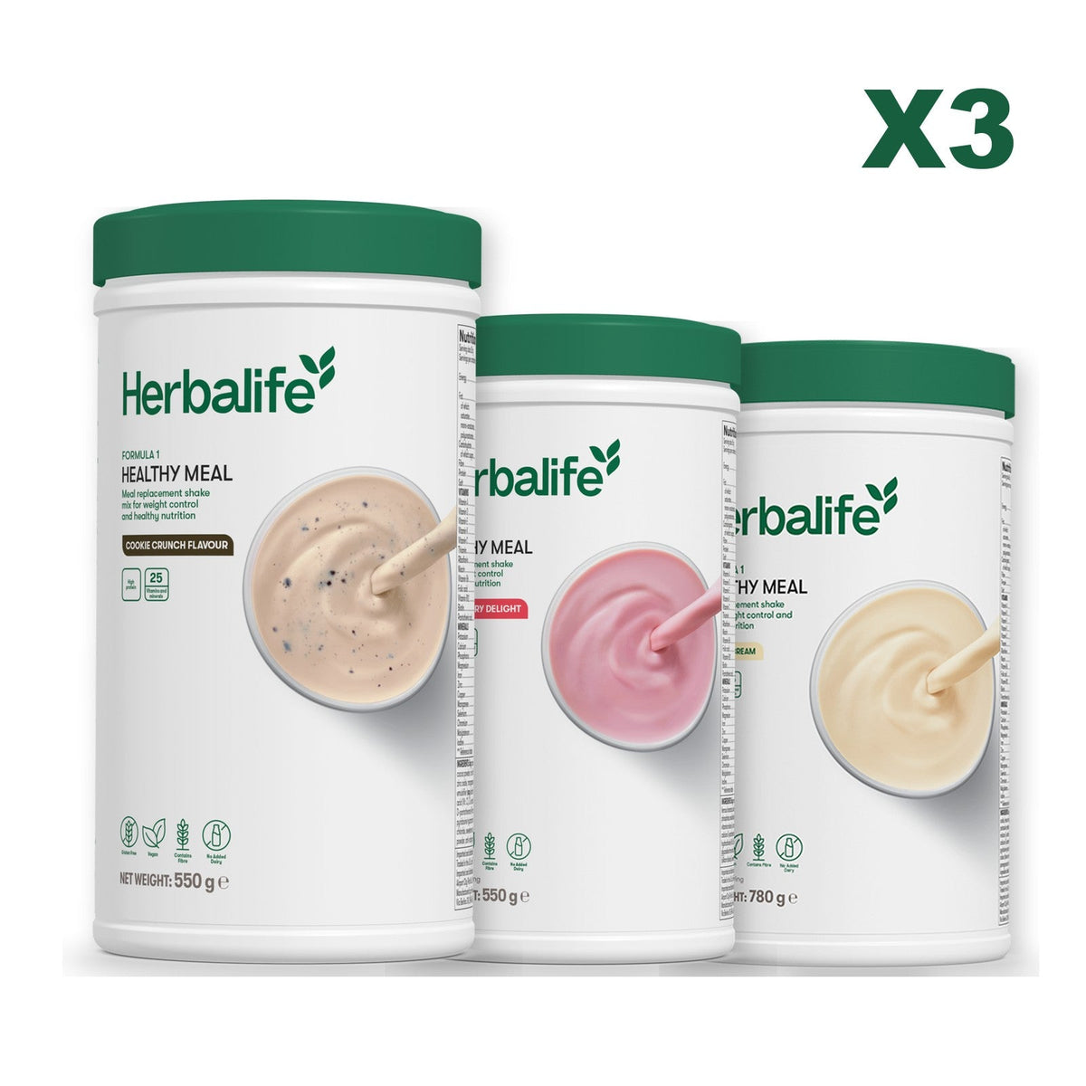 Three Formula 1 shake tubs led by Cookie Crunch, plus two flavours you choose, Strawberry / Vanilla (Large 780g)