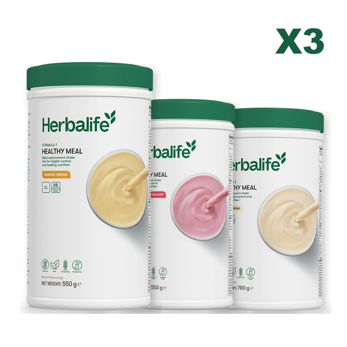 Three Formula 1 shake tubs led by Banana Cream, plus two flavours you choose, Strawberry / Vanilla (Large 780g)
