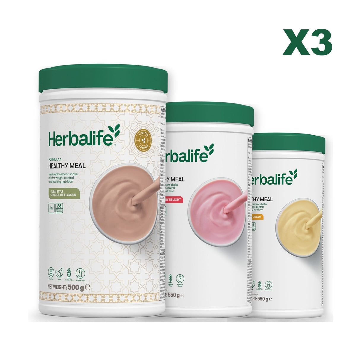 Formula 1 Dubai Style Chocolate meal shake tub shown with two further Formula 1 tubs, Strawberry / Banana Cream