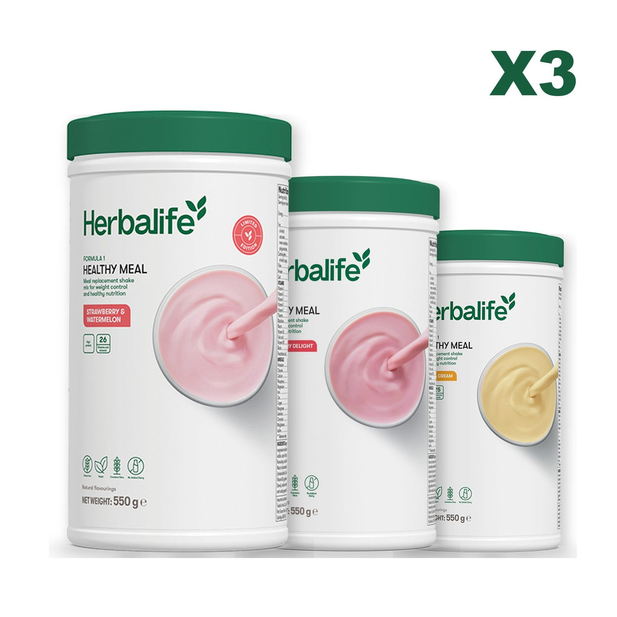 Formula 1 Strawberry Watermelon meal shake tub shown with two further Formula 1 tubs, Strawberry / Banana Cream