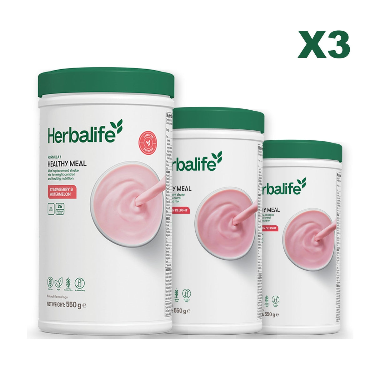 Formula 1 Strawberry Watermelon meal shake tub shown with two further Formula 1 tubs, Strawberry / Strawberry