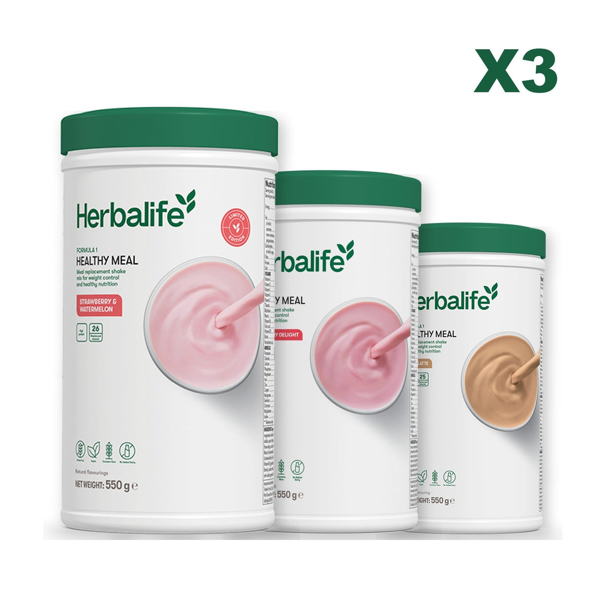 Formula 1 Strawberry Watermelon meal shake tub shown with two further Formula 1 tubs, Strawberry / Cafe Latte