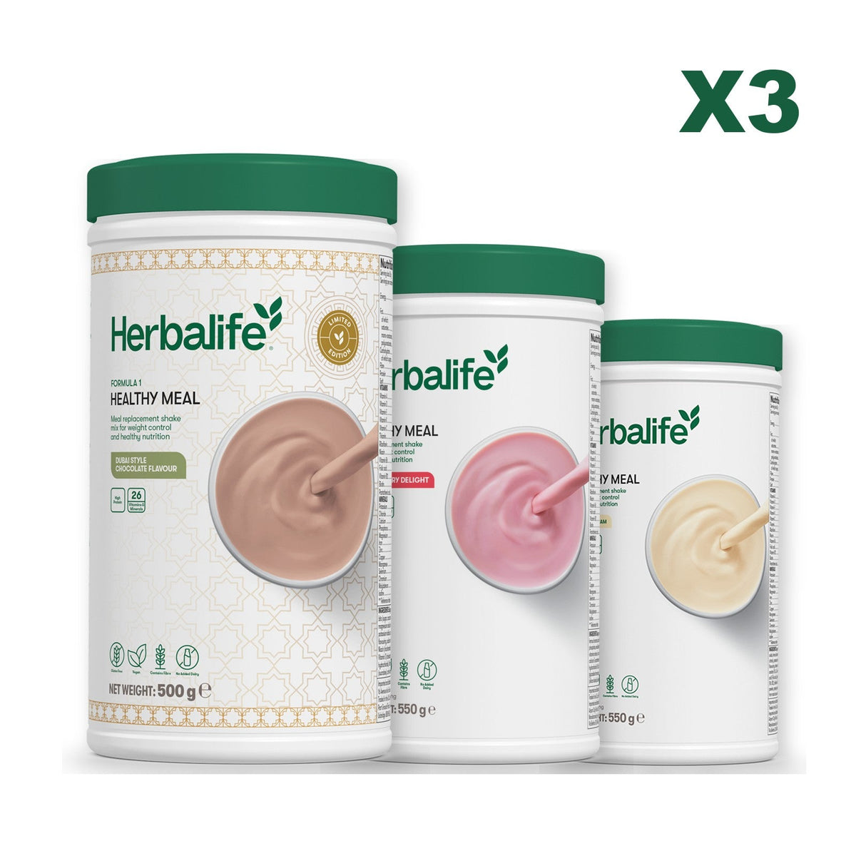 Formula 1 Dubai Style Chocolate meal shake tub shown with two further Formula 1 tubs, Strawberry / Vanilla