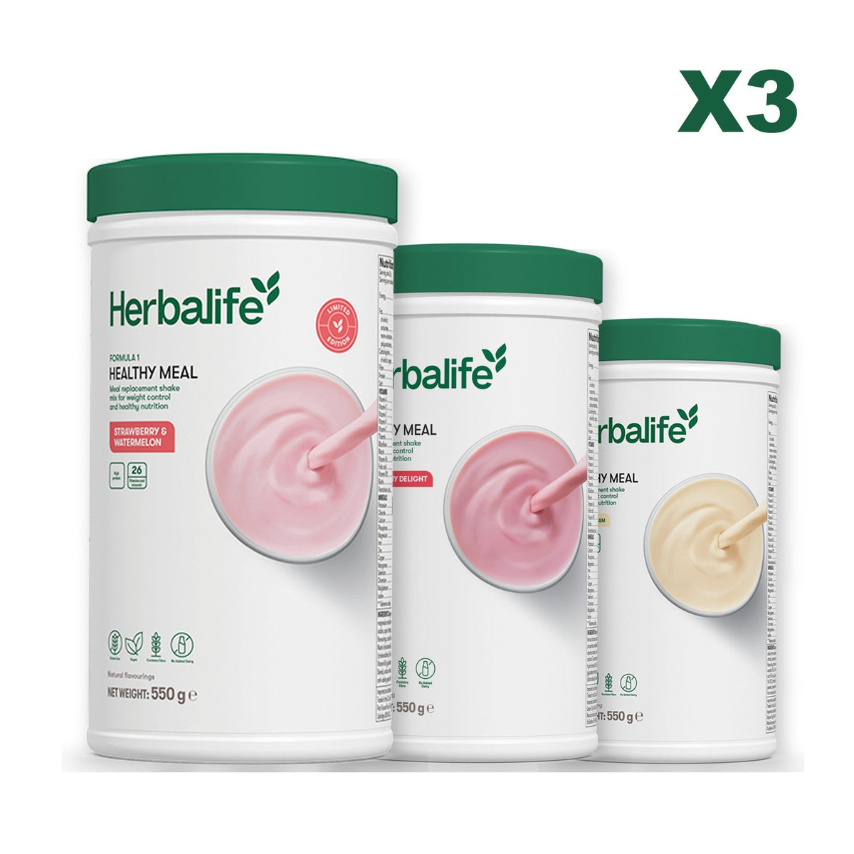 Formula 1 Strawberry Watermelon meal shake tub shown with two further Formula 1 tubs, Strawberry / Vanilla