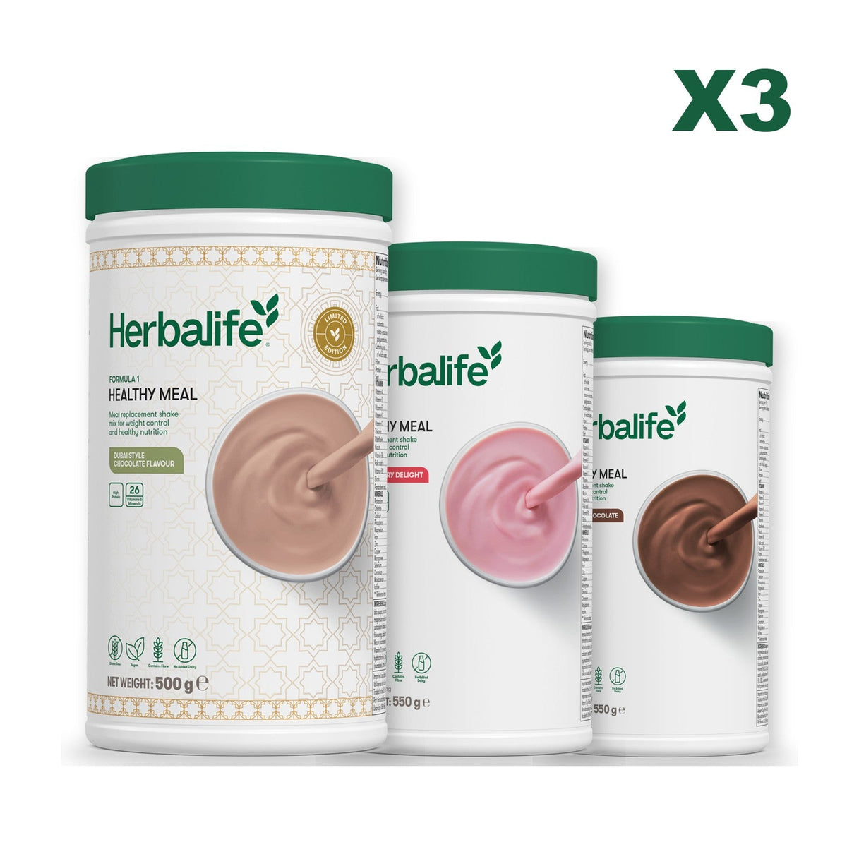 Formula 1 Dubai Style Chocolate meal shake tub shown with two further Formula 1 tubs, Strawberry / Chocolate