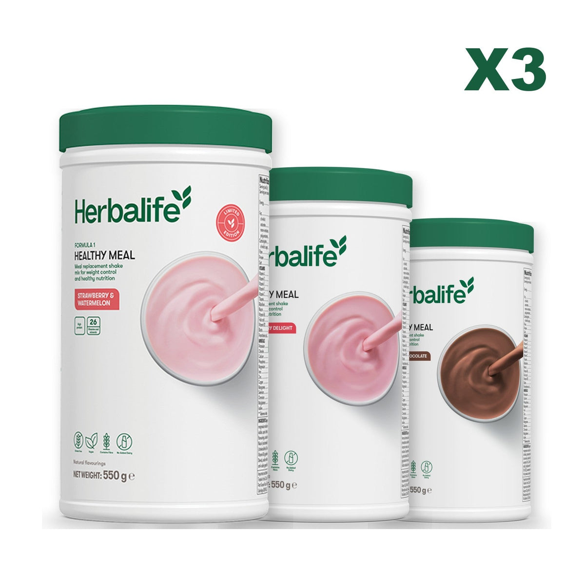 Formula 1 Strawberry Watermelon meal shake tub shown with two further Formula 1 tubs, Strawberry / Chocolate